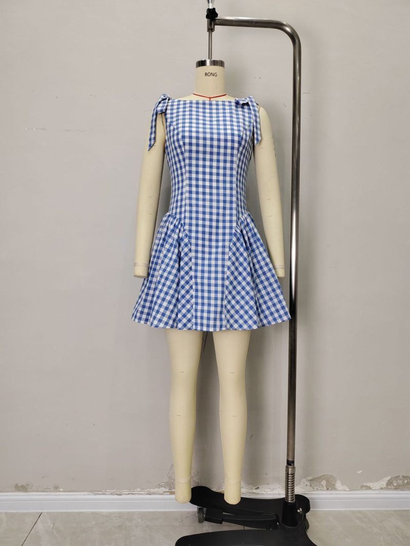 French Plaid Striped Lace-Up Pleated Dress - Image 3