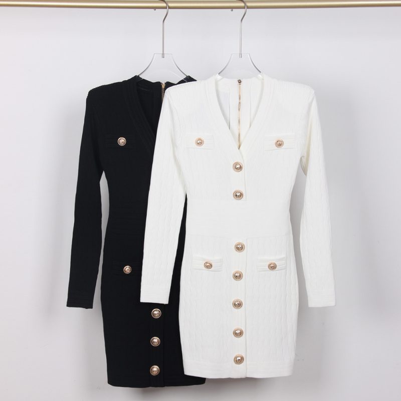 V-Neck Slim Fit Knitted Long Dress - Image 2