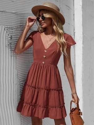 Red Cotton Office Sundress with Mid Waist