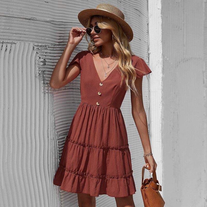 Red Cotton Office Sundress with Mid Waist