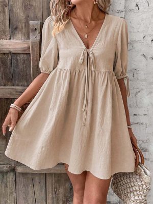 Elegant Deep V Lace-Up A-Line Dress