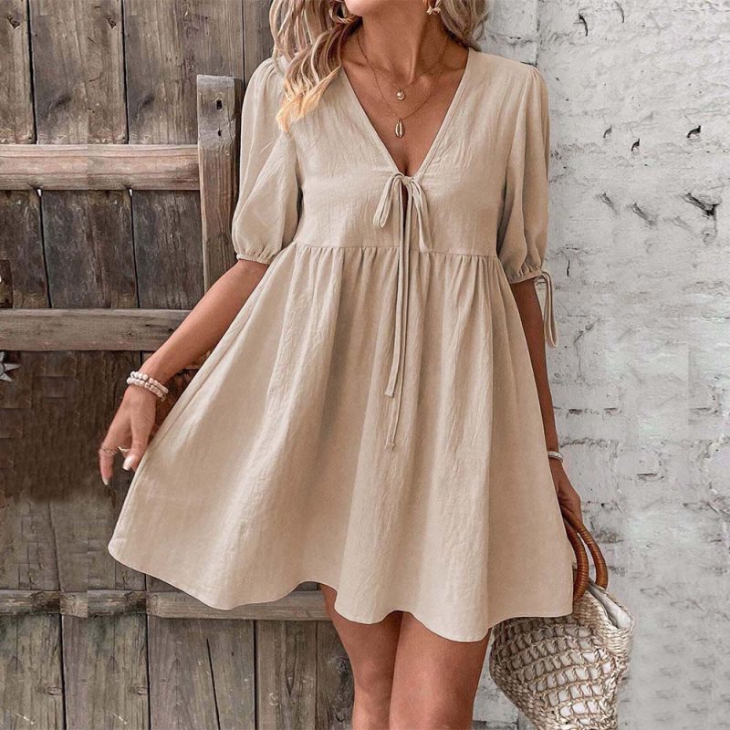 Elegant Deep V Lace-Up A-Line Dress
