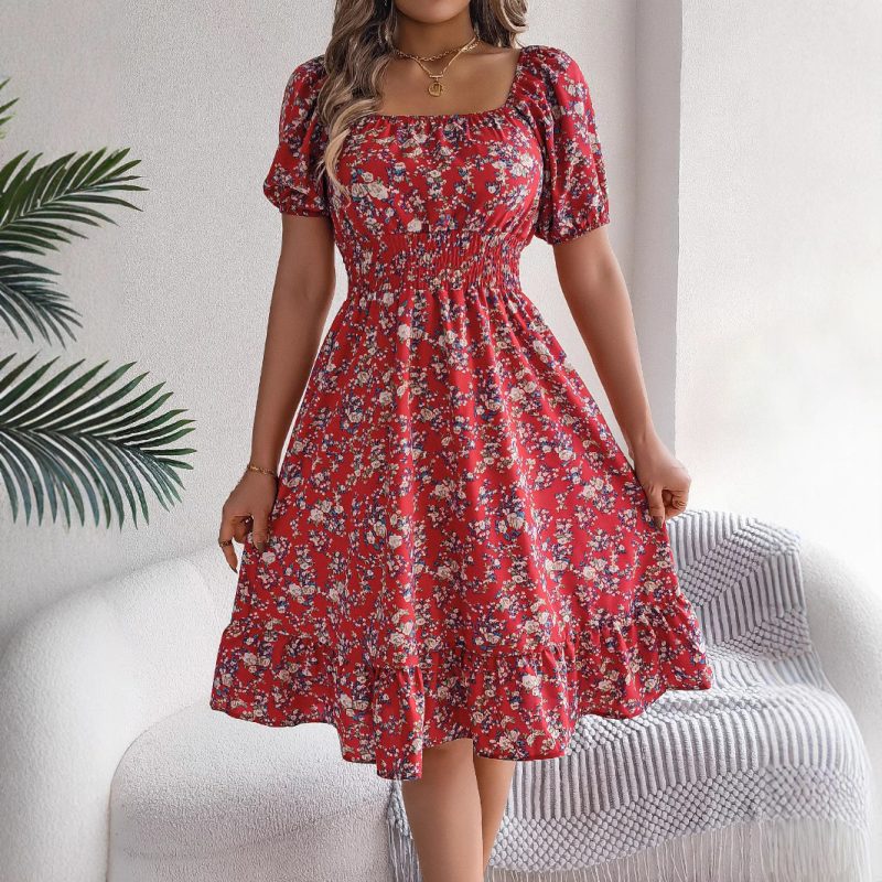Floral Square Collar Ruffled A-Line Dress - Image 2