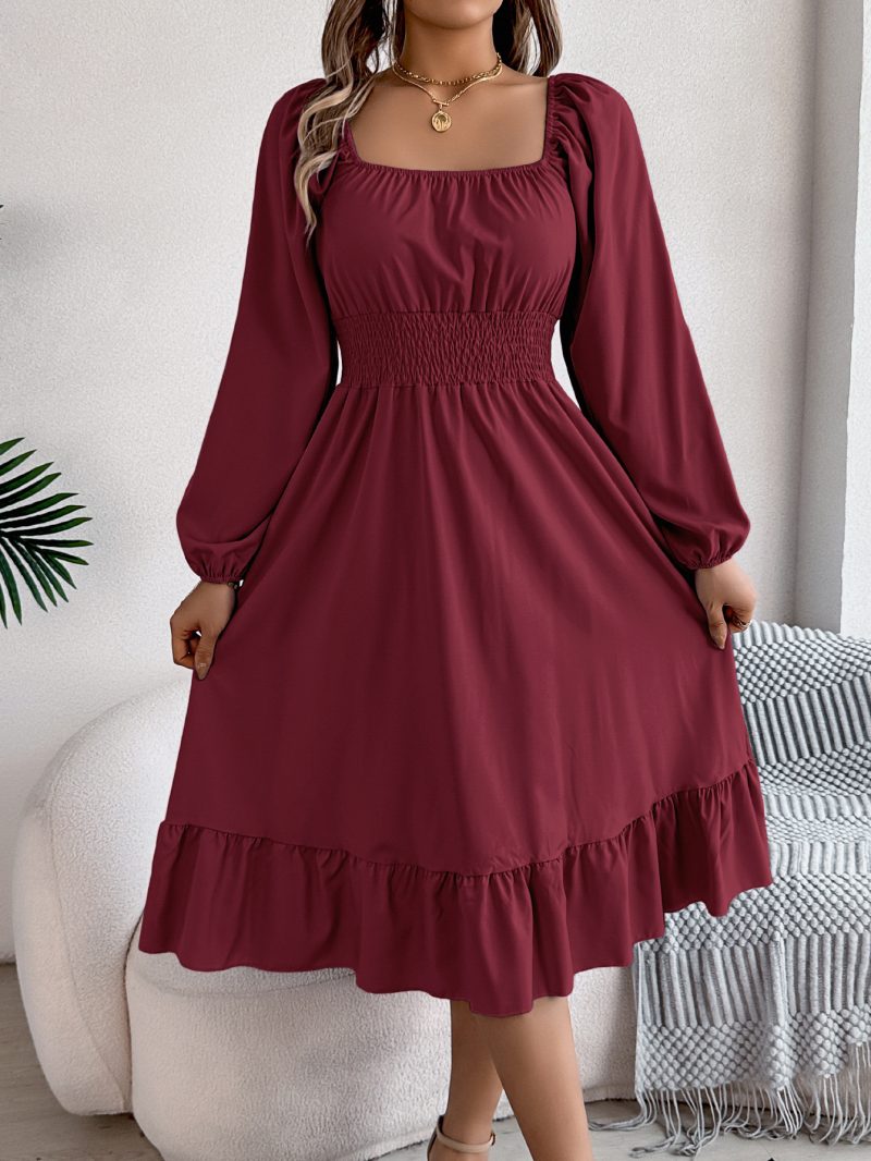 Casual Solid Square Collar Ruffle A-Line Dress - Image 4