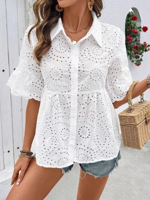 Spring Summer Mid-Sleeve Collared Lace Hollow-Out Chiffon Shirt