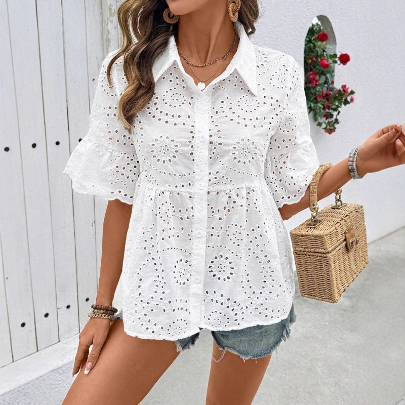 Spring Summer Mid-Sleeve Collared Lace Hollow-Out Chiffon Shirt