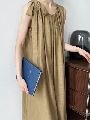 French Linen Pleated Sleeveless A-Line Dress