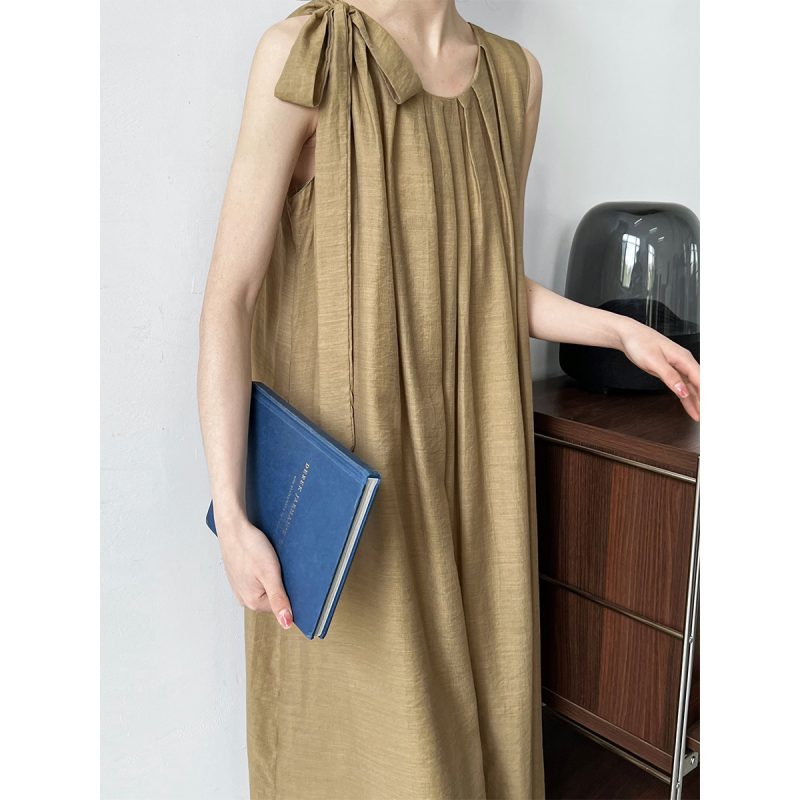French Linen Pleated Sleeveless A-Line Dress