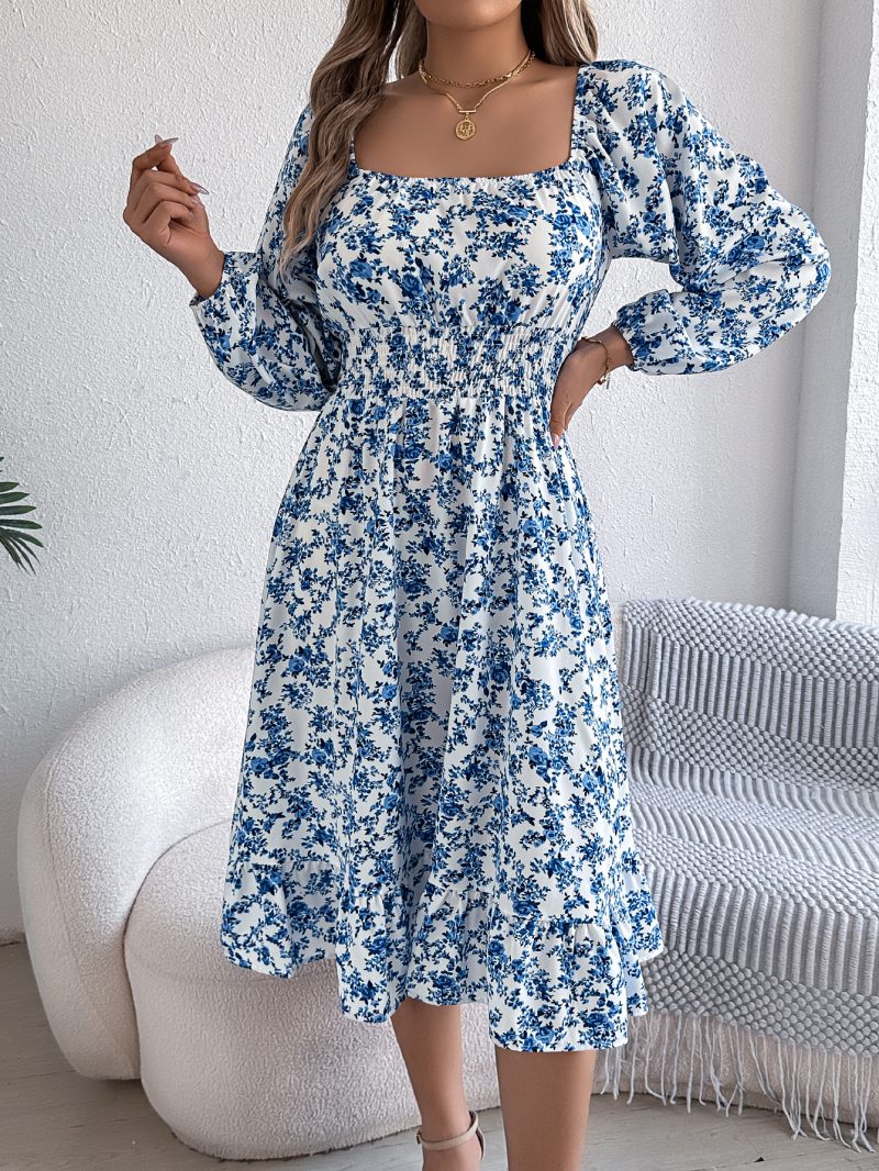 Elegant Autumn Floral Square Collar Ruffled A-Line Dress - Image 4