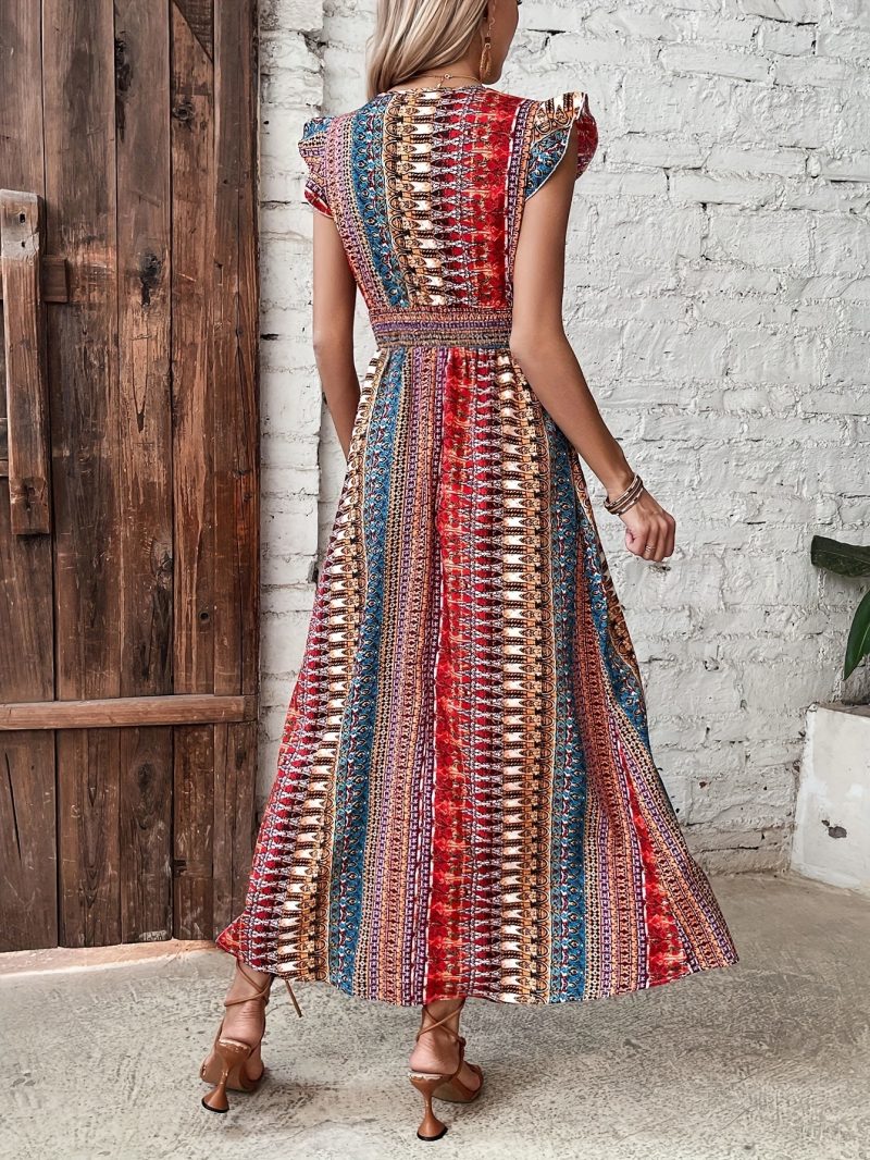 Printed Smocked Waist V-Neck Slit Dress - Image 4