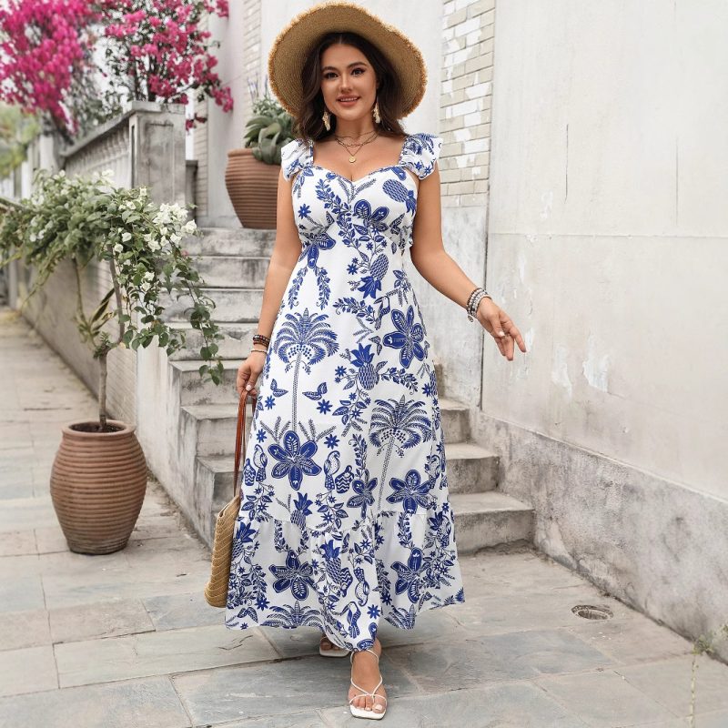 Plus Size Spring Printed Spaghetti Strap Dress