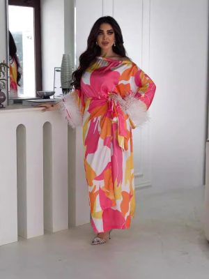 Spring Summer Printed Feather Prom Dress Women