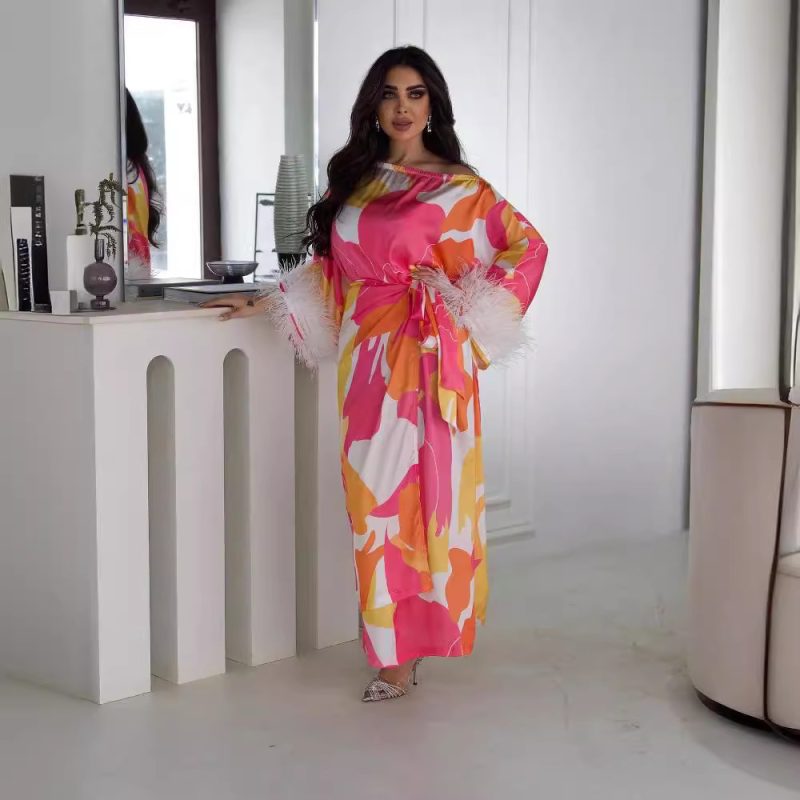 Spring Summer Printed Feather Prom Dress Women