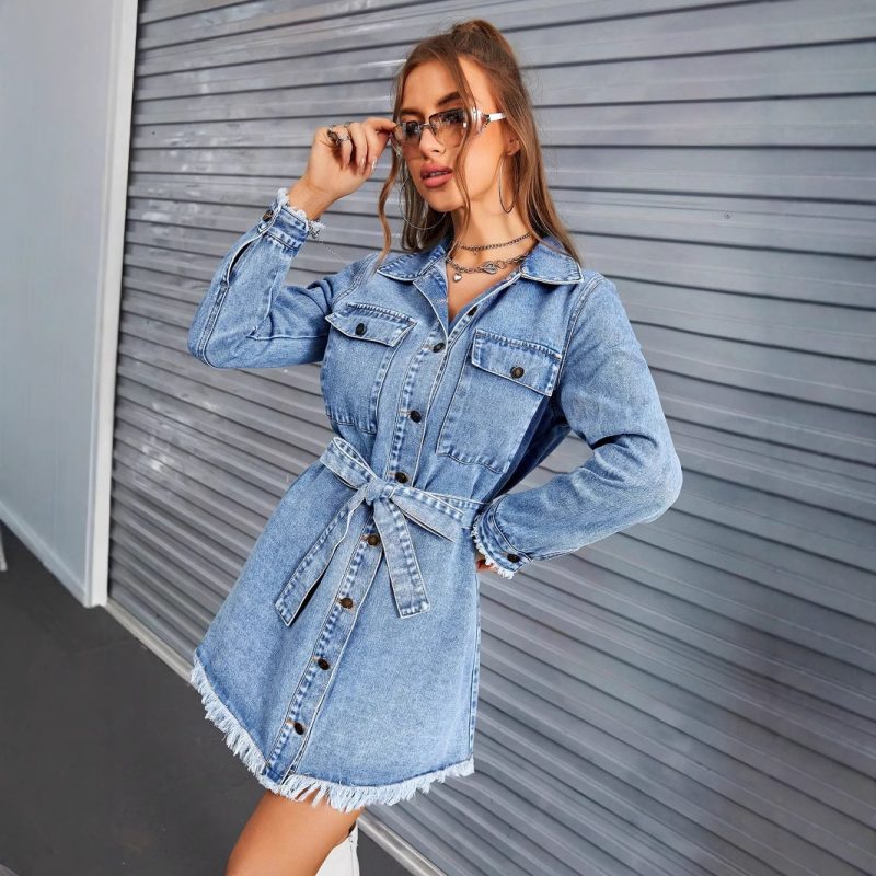 Retro Slim Fit Long Sleeve Denim Dress - Image 3