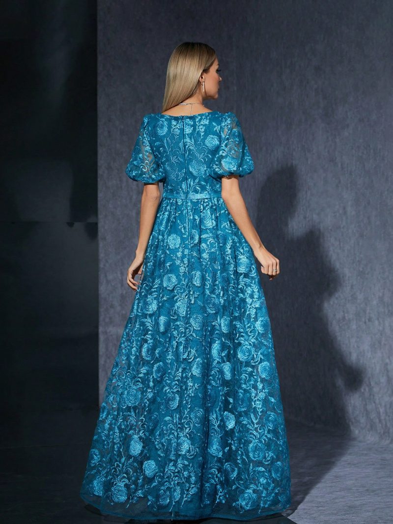Blue Puff Sleeve Slit Formal Party Dress - Image 2