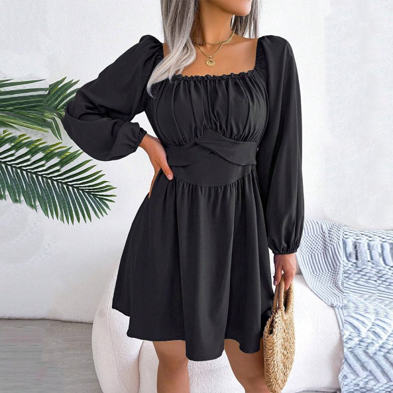 French Intellectual Square Collar Slim Pleated Dress - Image 4