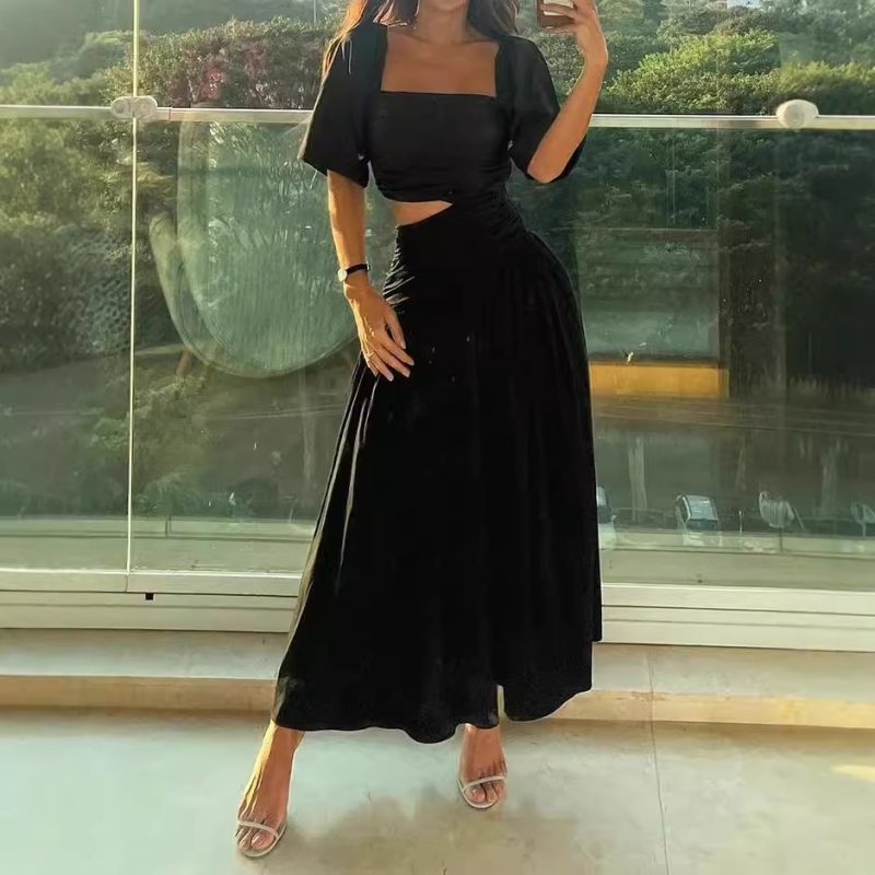 Autumn Puff Sleeve Cutout Solid Color Dress - Image 2