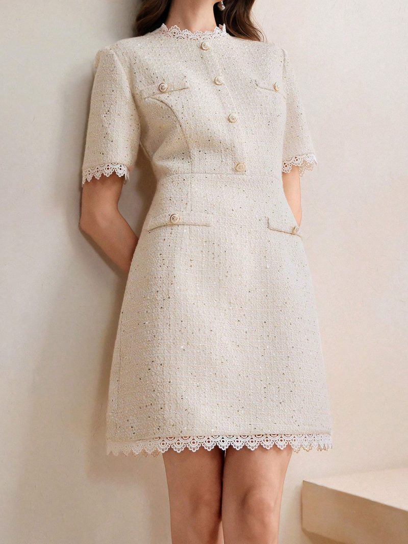 French Tweed Wool Dress with Ruffled Collar - Image 4