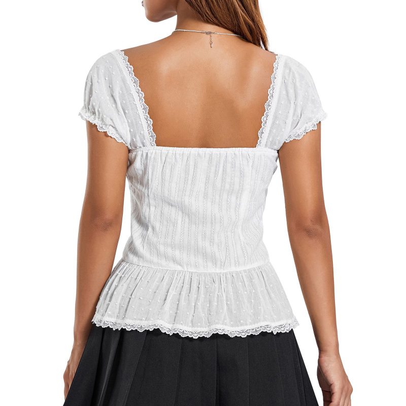 Pleated Shoulder Low Collar Button Lace Slim Crop Top - Image 2