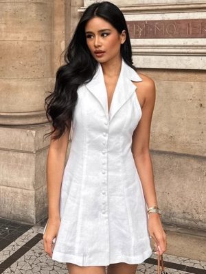 French Cotton Linen Halter Backless Dress