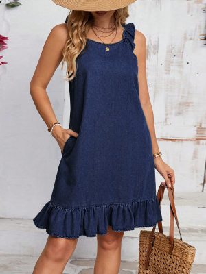Women’s Denim Sleeveless Dress with Pleated Hem