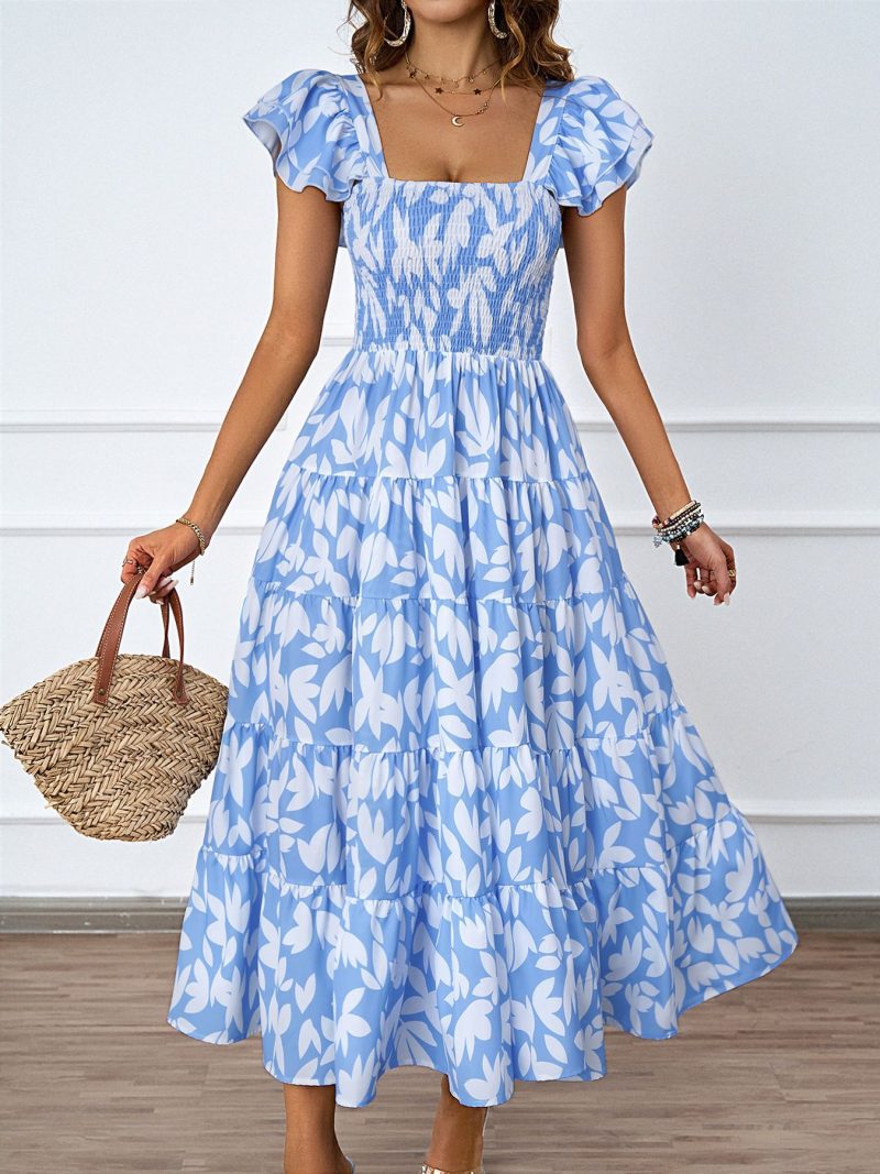 Bohemian Square Collar Pleated Ruffle Dress - Image 2