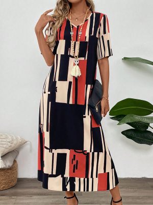 Summer Printed V-Neck Loose Maxi Dress