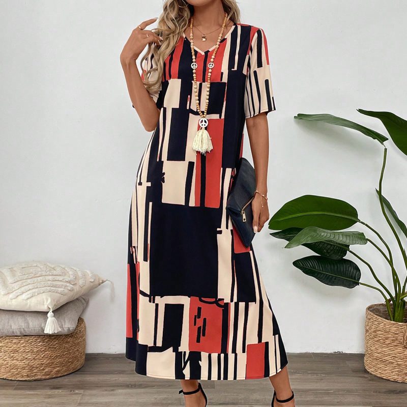 Summer Printed V-Neck Loose Maxi Dress