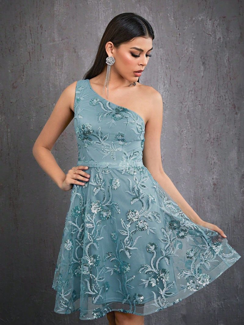 One-Shoulder Sleeveless Short Ball Gown Dress - Image 3