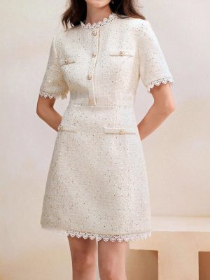 French Tweed Wool Dress with Ruffled Collar