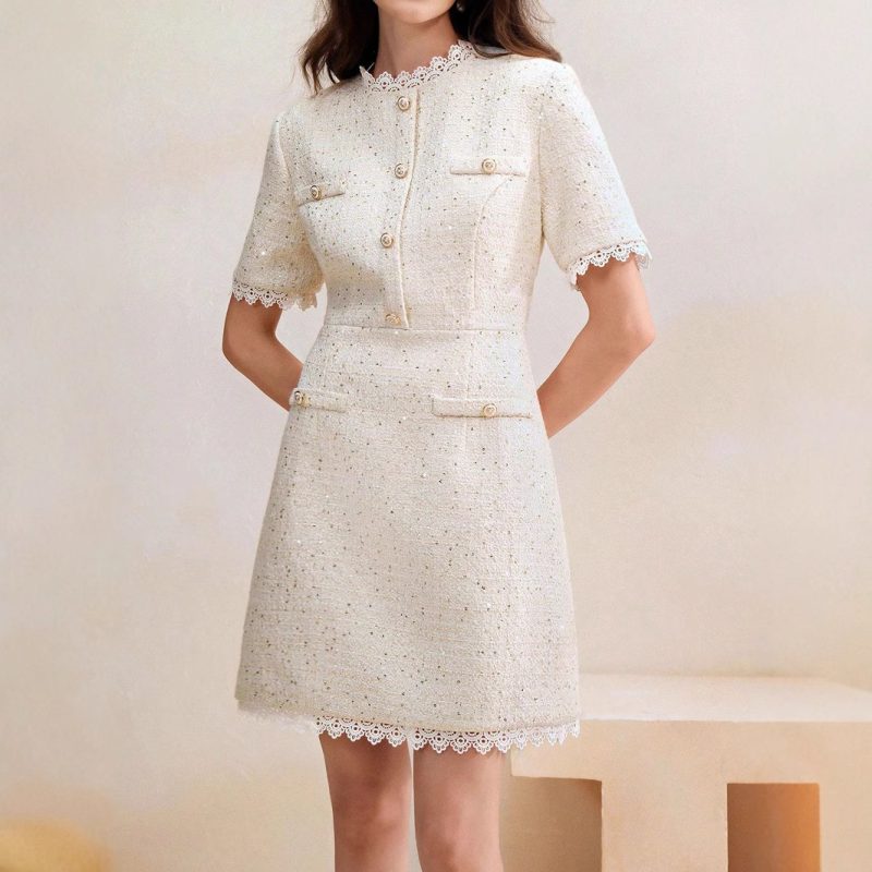 French Tweed Wool Dress with Ruffled Collar