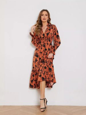 Autumn Floral V-Neck High Waist Dress