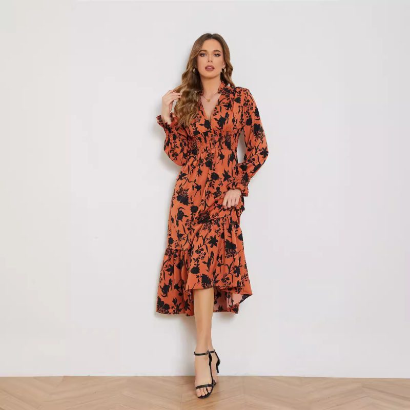Autumn Floral V-Neck High Waist Dress