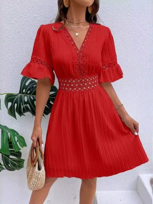 Summer Lace Patchwork V-Neck Waist Dress Women