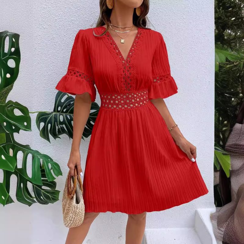 Summer Lace Patchwork V-Neck Waist Dress Women