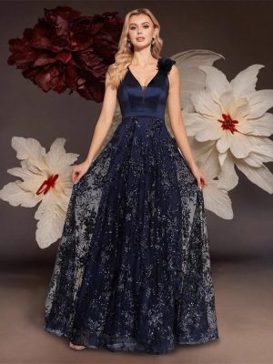 Embroidered Deep V Slim Fit Fishtail Evening Dress