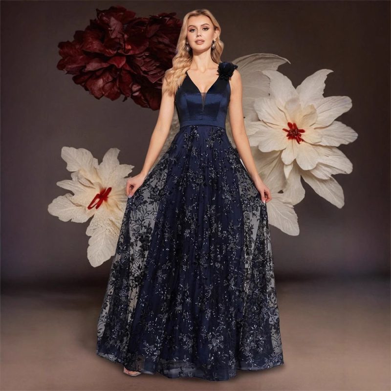 Embroidered Deep V Slim Fit Fishtail Evening Dress