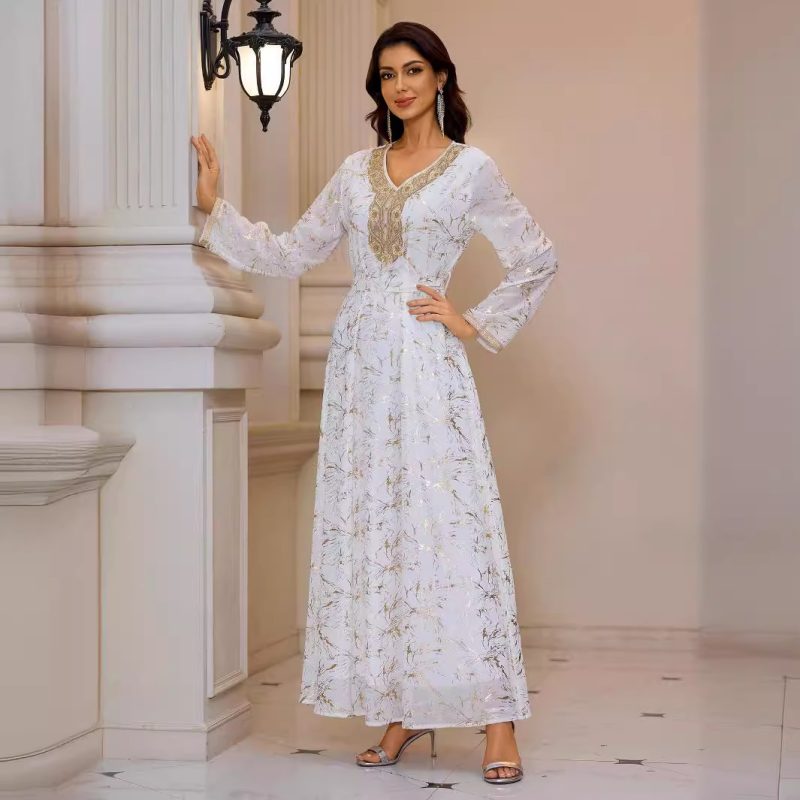 Women’s Long Sleeve Gold Pattern Maxi Dress - Image 3