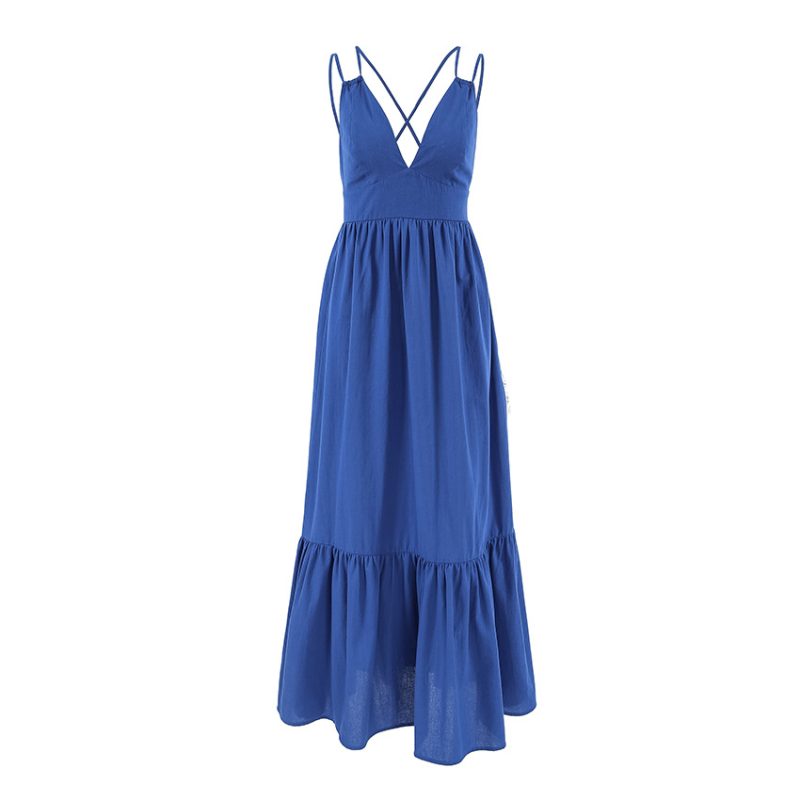 French Blue Cotton Linen V-Neck Dress - Image 4