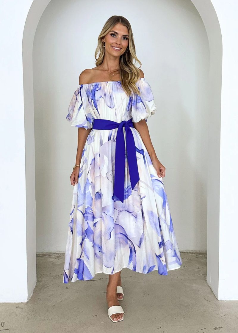 Elegant Summer Off-Shoulder Puff Sleeve Printed Swing Dress - Image 3