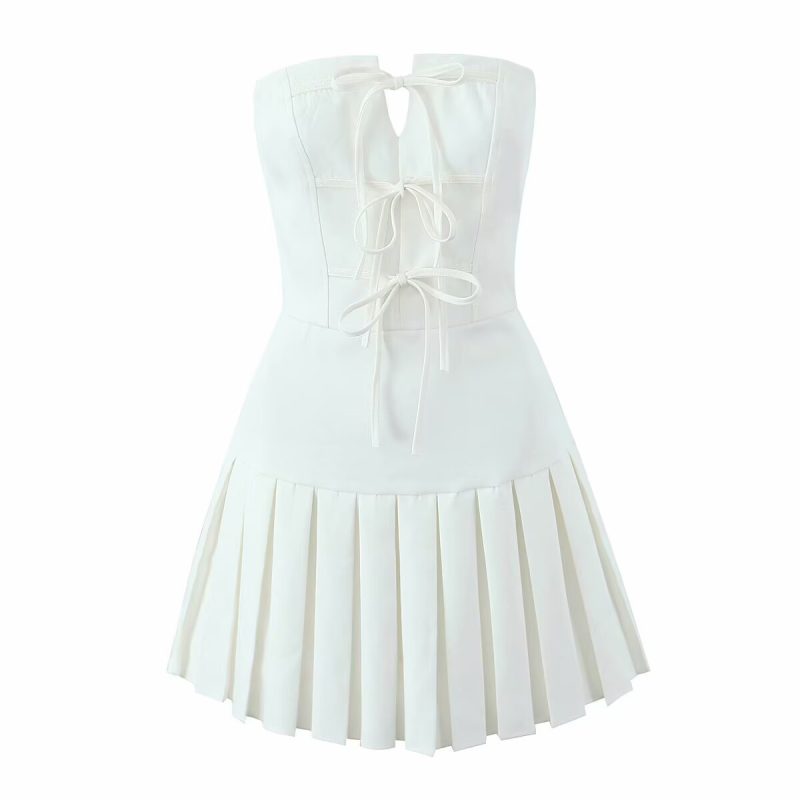 Graceful Bow Lace-Up Pleated Tube Dress