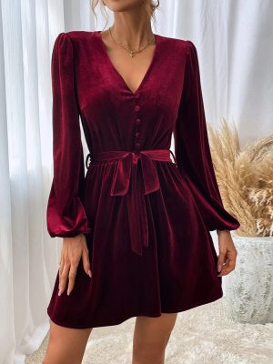 Velvet V-Neck Long Sleeve Cocktail Dress