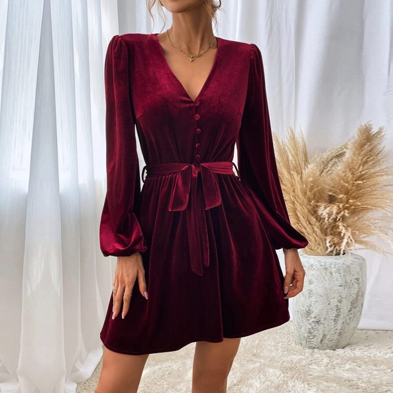 Velvet V-Neck Long Sleeve Cocktail Dress