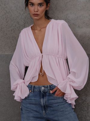 Women’s Lace-Up Long Sleeve Pleated Loose French Shirt