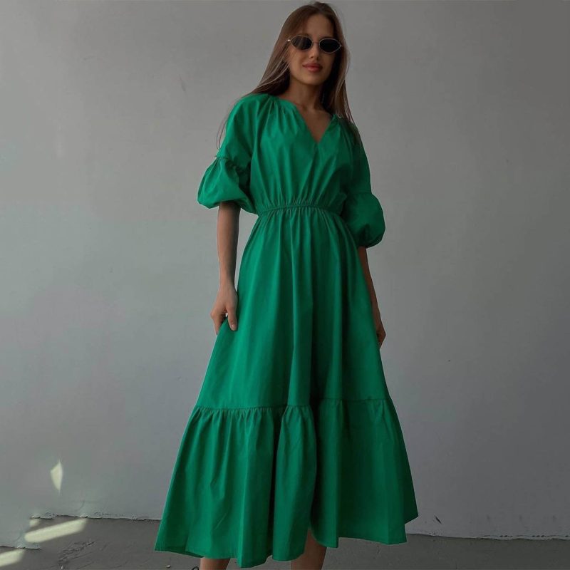 French V-Neck A-Line Office Summer Dress - Image 3