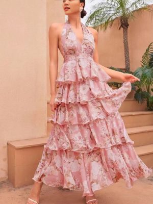 Spring V-Neck Multi-Layer Printed Sling Dress