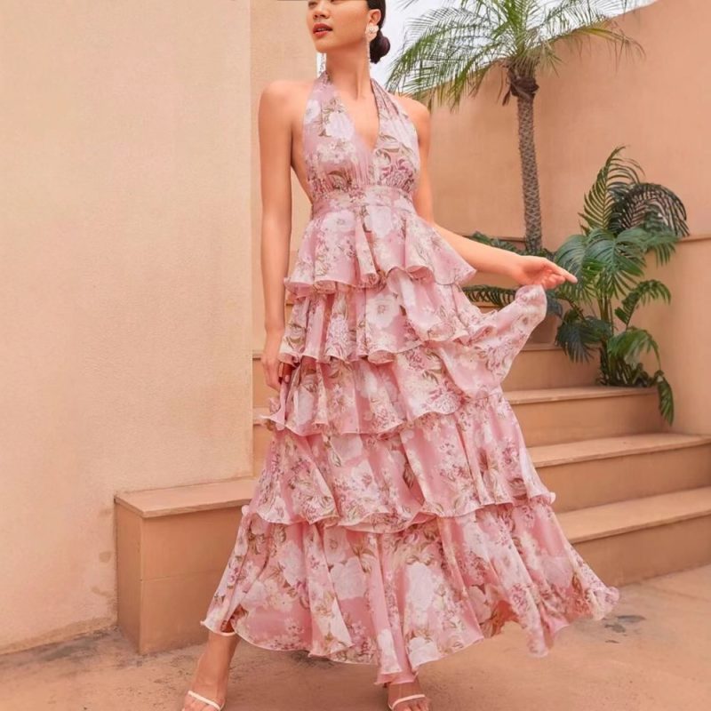 Spring V-Neck Multi-Layer Printed Sling Dress