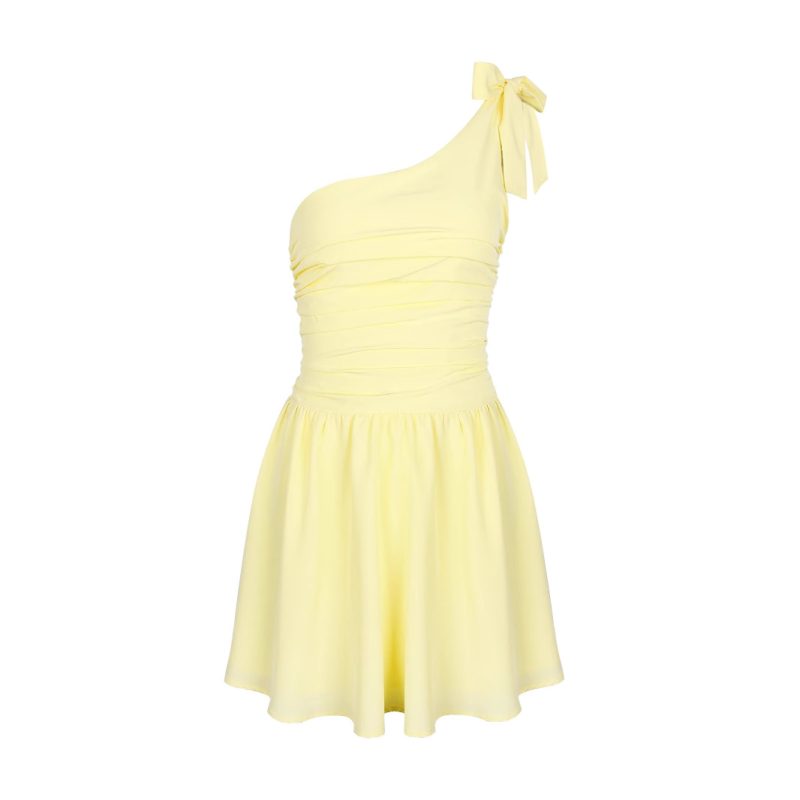 Yellow Oblique Shoulder Bow Pleated Dress - Image 4