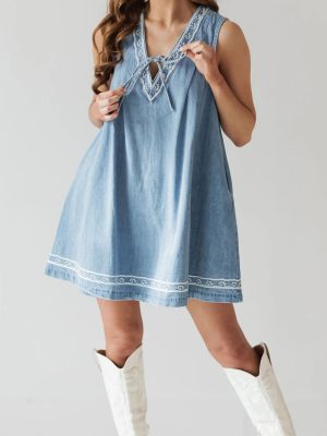 Embroidered Sleeveless Denim Dress with V-Neck