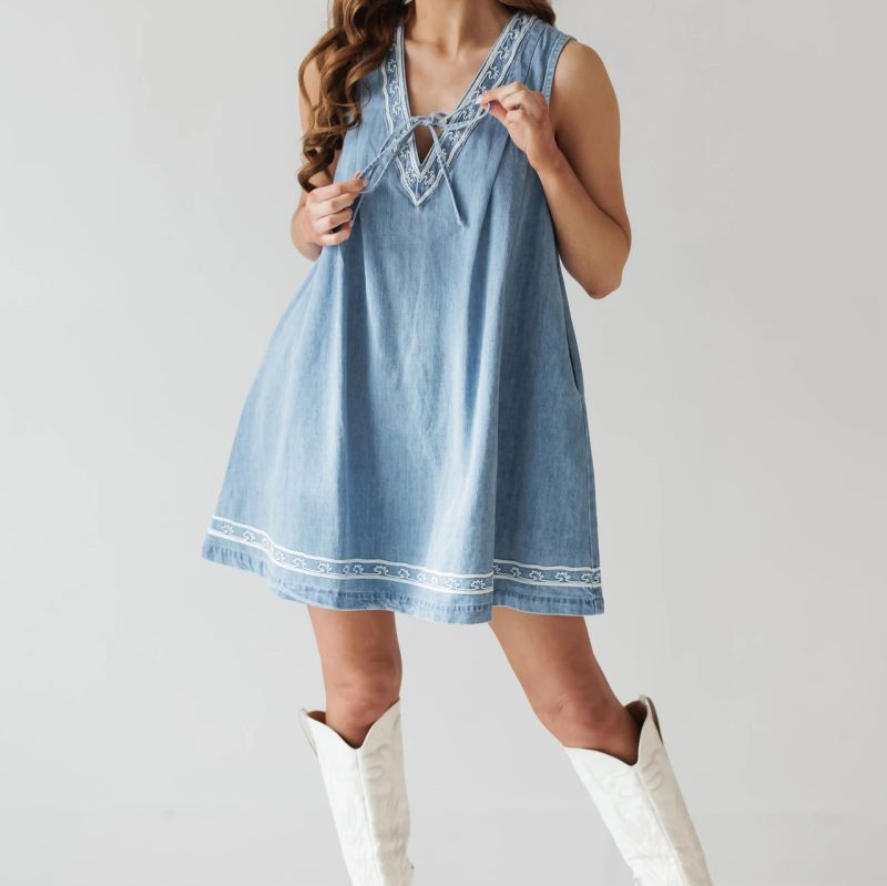 Embroidered Sleeveless Denim Dress with V-Neck